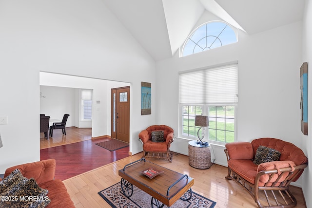 living room with high vaulted ceiling and hardwood / wood-style flooring