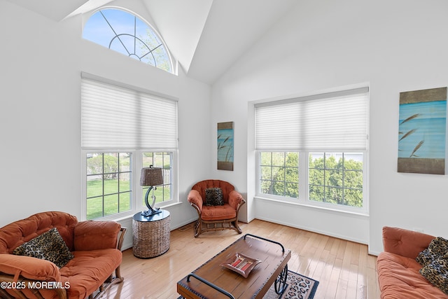living room with a healthy amount of sunlight, high vaulted ceiling, and hardwood / wood-style flooring