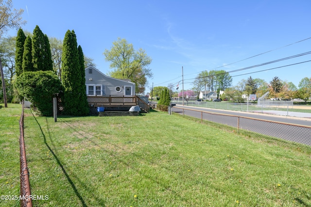 view of yard with a fenced backyard and a deck