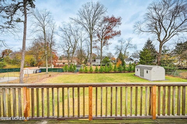 view of yard featuring a storage shed, an outbuilding, and a fenced backyard