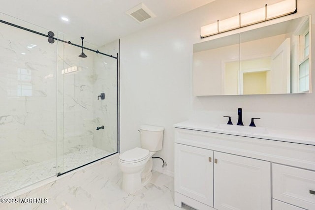 full bath with visible vents, vanity, toilet, marble finish floor, and a marble finish shower