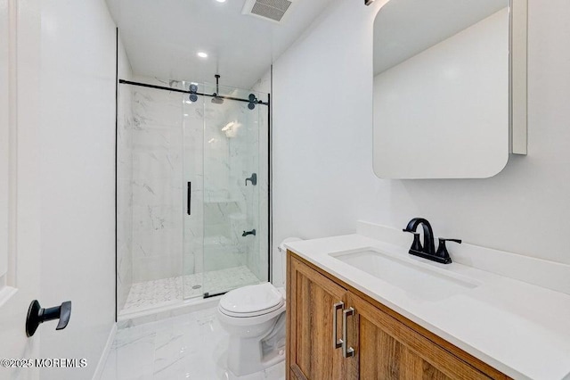 bathroom featuring toilet, visible vents, a marble finish shower, and marble finish floor