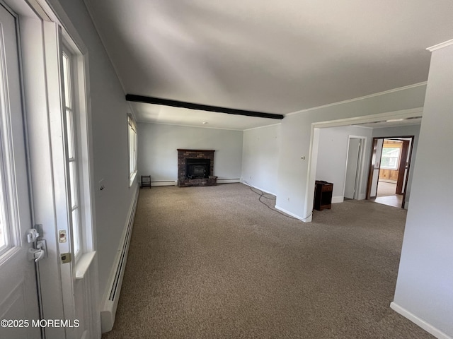 2015 5th Ave, Spring Lake, NJ 07762 - unfurnished living room with carpet floors, a baseboard radiator, a fireplace, and baseboards