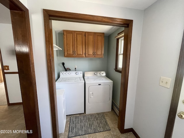 2015 5th Ave, Spring Lake, NJ 07762 - laundry area featuring baseboards, washer and clothes dryer, cabinet space, and baseboard heating