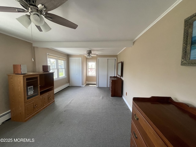 2015 5th Ave, Spring Lake, NJ 07762 - unfurnished living room featuring carpet floors, ornamental molding, baseboards, ceiling fan, and a baseboard heating unit