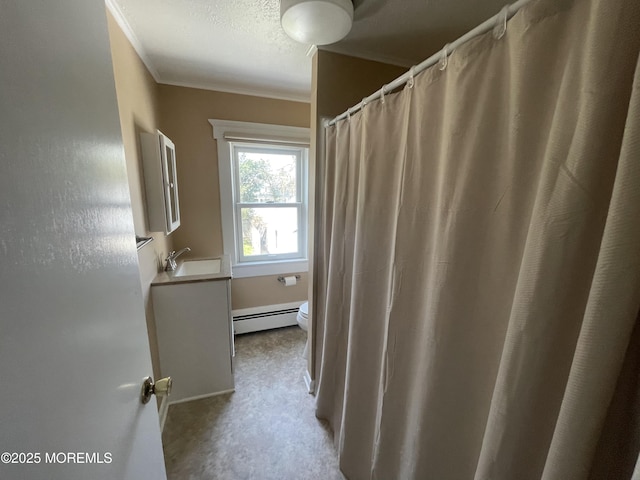 2015 5th Ave, Spring Lake, NJ 07762 - full bath featuring a sink, toilet, a baseboard radiator, a shower with curtain, and ornamental molding