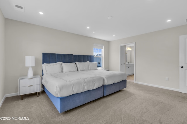 carpeted bedroom featuring baseboards, recessed lighting, connected bathroom, and visible vents