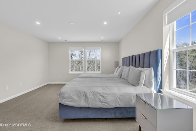 bedroom with carpet floors, recessed lighting, and baseboards