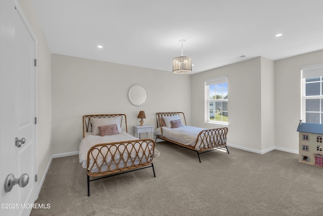 bedroom featuring carpet floors, recessed lighting, baseboards, and a notable chandelier