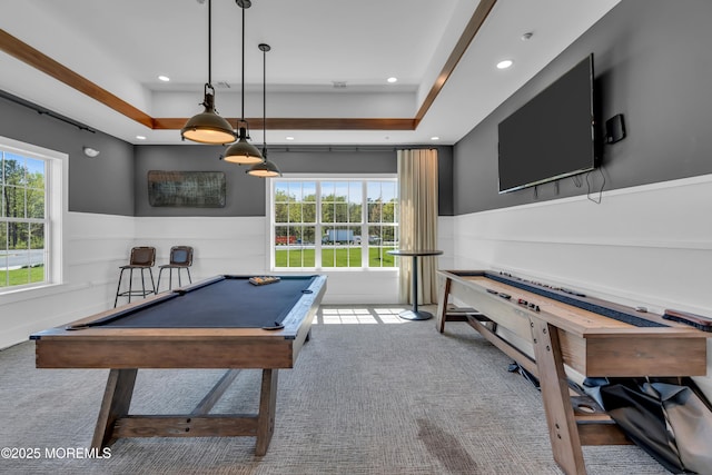 game room with carpet flooring, wainscoting, and billiards