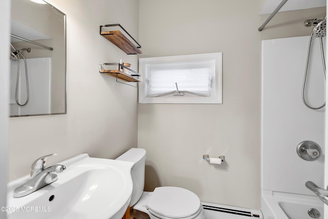 full bathroom featuring toilet, a sink, baseboard heating, and shower / bathing tub combination