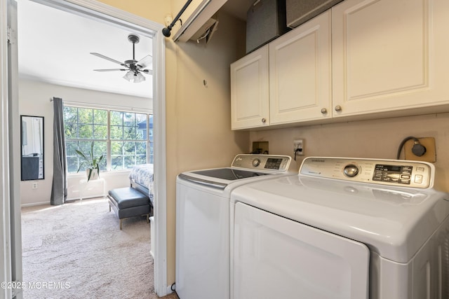27 Mainbraid Ct, Tinton Falls, NJ 07753 - clothes washing area with carpet floors, ceiling fan, washing machine and dryer, and cabinet space