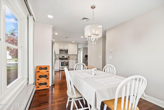 dining space with visible vents, baseboards, an inviting chandelier, recessed lighting, and dark wood-type flooring