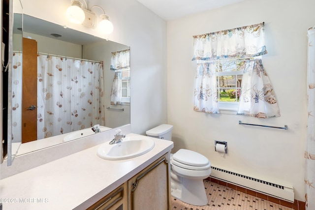 bathroom with vanity, tile patterned flooring, curtained shower, toilet, and a baseboard radiator