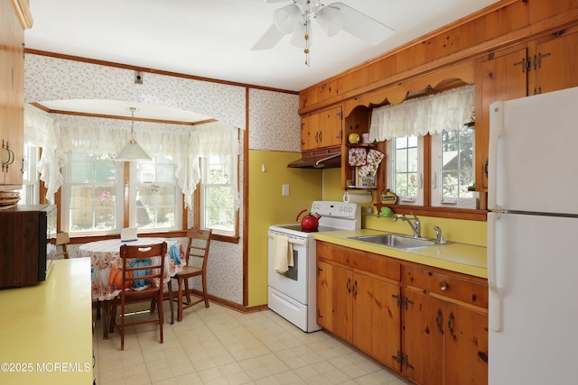 kitchen featuring a sink, wallpapered walls, under cabinet range hood, and white appliances