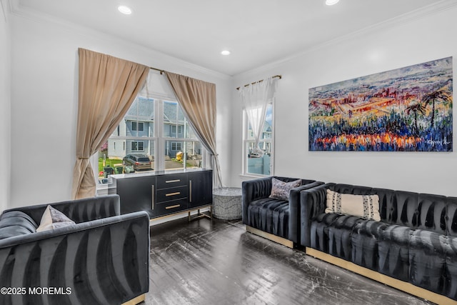 living room with recessed lighting, ornamental molding, and wood finished floors