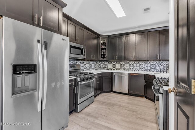 kitchen with dark brown cabinetry, appliances with stainless steel finishes, decorative backsplash, and light wood-type flooring