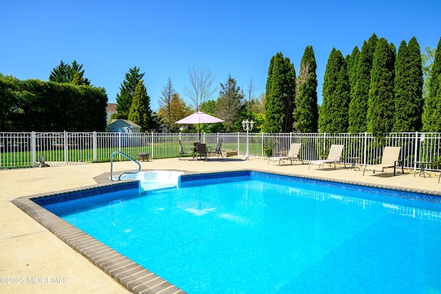 view of pool featuring a patio, fence, and a fenced in pool