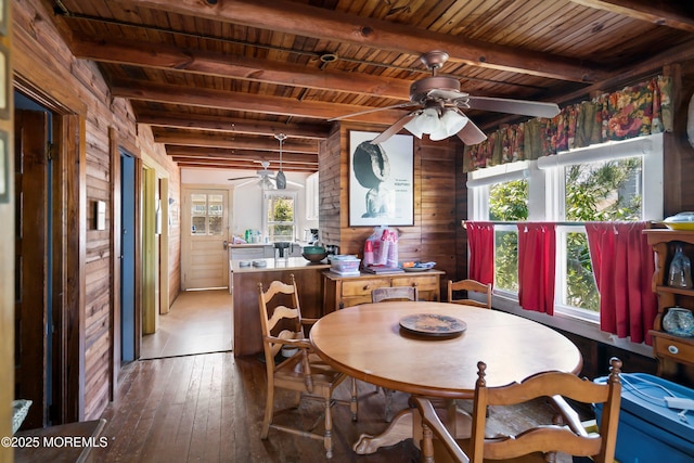 dining space featuring a healthy amount of sunlight, wood ceiling, and a ceiling fan