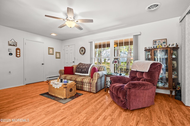 435B New Castle Ct, Manchester, NJ 08759 - living area featuring visible vents, a ceiling fan, a baseboard heating unit, and wood finished floors
