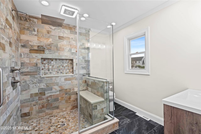 full bath with baseboards, a stall shower, recessed lighting, and marble finish floor