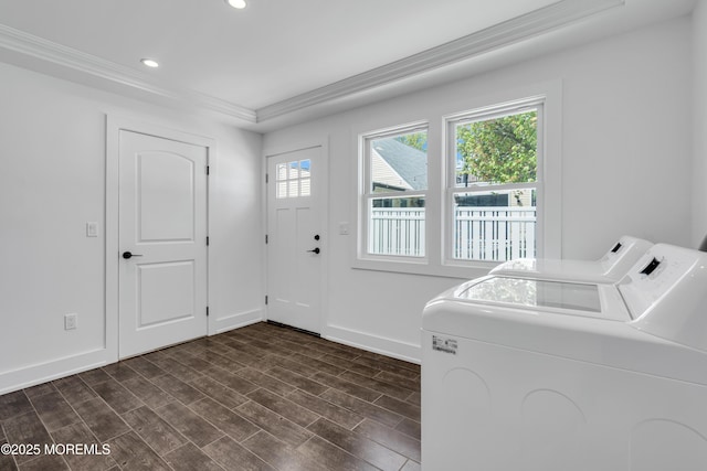 laundry area featuring separate washer and dryer, crown molding, recessed lighting, baseboards, and dark wood-style floors