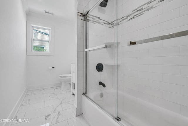 full bath with marble finish floors, baseboards, ornamental molding, toilet, and enclosed tub / shower combo