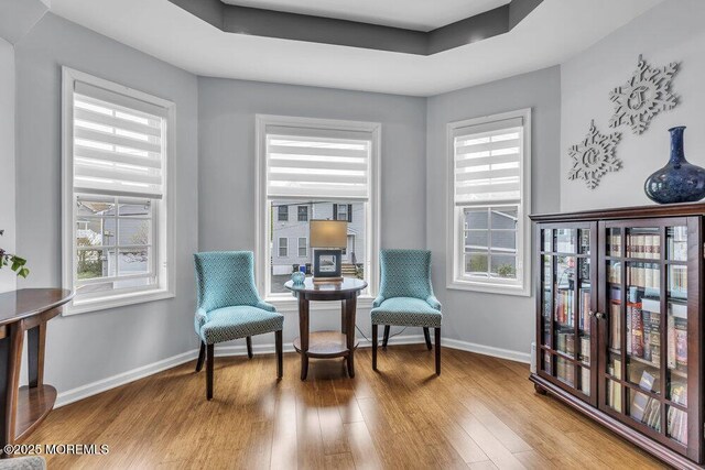 sitting room featuring baseboards, wood finished floors, and a wealth of natural light