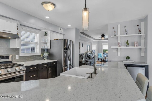 kitchen with a ceiling fan, open shelves, a sink, under cabinet range hood, and stainless steel appliances