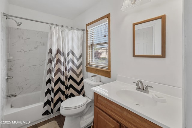 full bath featuring vanity, toilet, and shower / bath combo with shower curtain