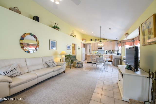 2271 Kira Ct, Toms River, NJ 08755 - living area featuring light tile patterned flooring, vaulted ceiling, recessed lighting, and a ceiling fan