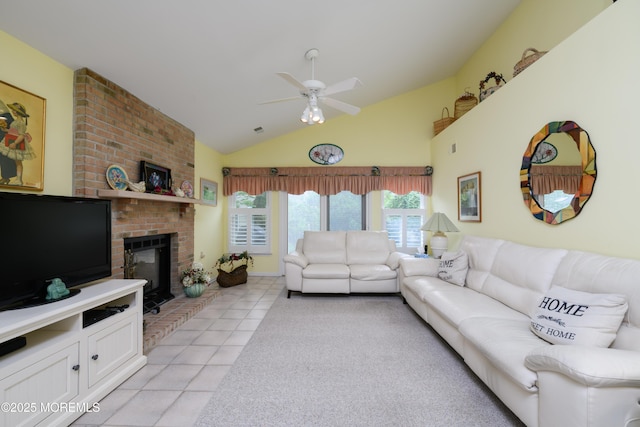 2271 Kira Ct, Toms River, NJ 08755 - living room featuring a ceiling fan, a brick fireplace, light tile patterned flooring, and high vaulted ceiling