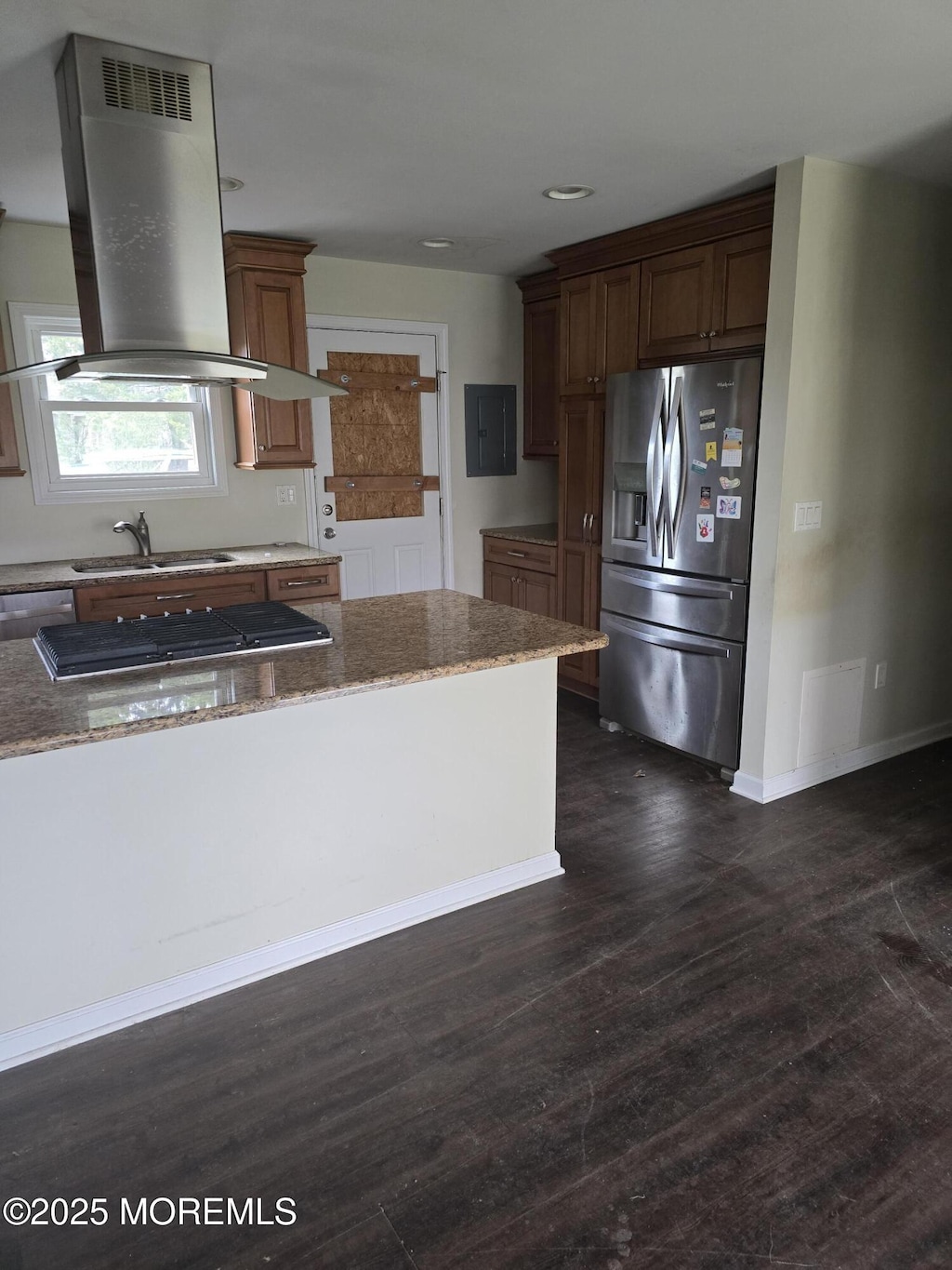 1066 Overlook Dr, Toms River, NJ 08753 - kitchen with dark wood-style flooring, appliances with stainless steel finishes, light stone counters, a sink, and island exhaust hood