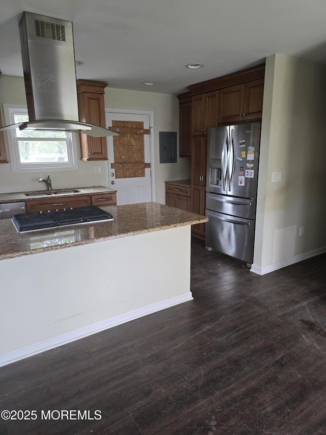 1066 Overlook Dr, Toms River, NJ 08753 - kitchen with dark wood-style flooring, appliances with stainless steel finishes, light stone counters, a sink, and island exhaust hood