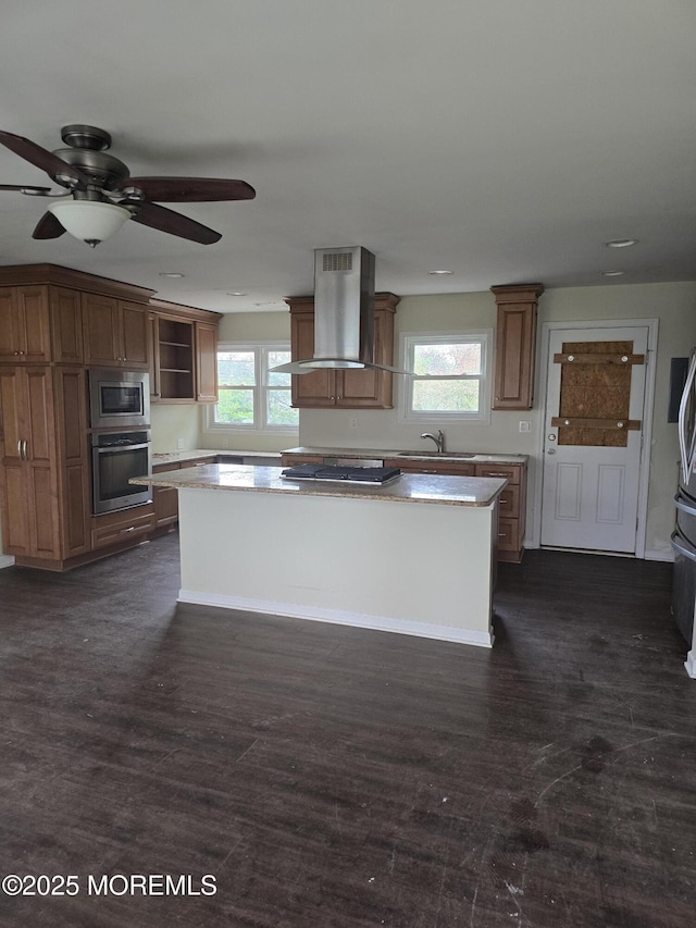 1066 Overlook Dr, Toms River, NJ 08753 - kitchen with open shelves, extractor fan, a center island, a ceiling fan, and appliances with stainless steel finishes