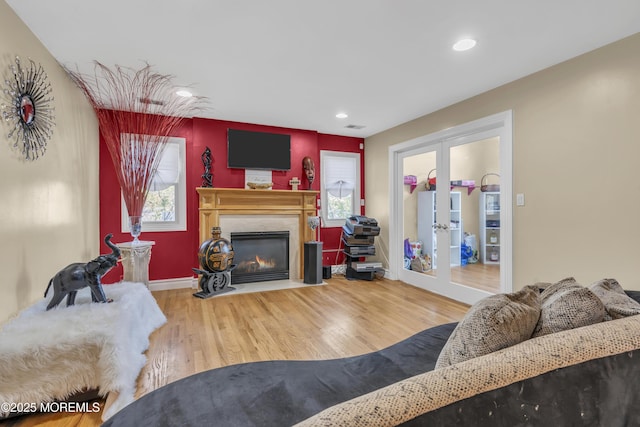 14 Dolan Ave, Aberdeen, NJ 07747 - living room with a glass covered fireplace, plenty of natural light, french doors, and wood finished floors