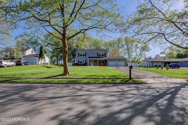 view of front of home featuring an attached garage, a front lawn, and aphalt driveway