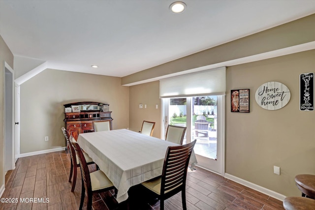 dining space featuring recessed lighting, baseboards, and dark wood-style flooring
