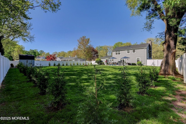 view of yard with an outdoor structure, a fenced backyard, and a shed