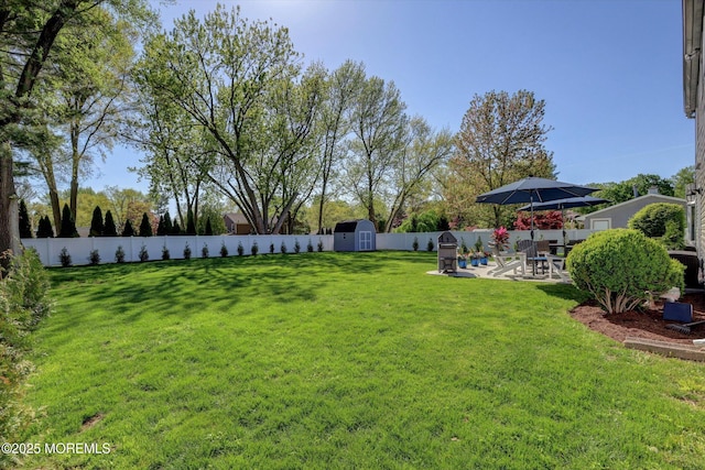 view of yard with an outdoor structure, a fenced backyard, a shed, and a patio area