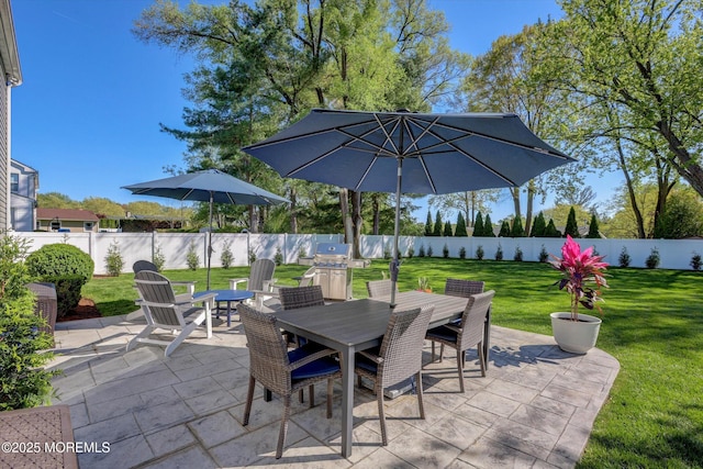 view of patio / terrace featuring a fenced backyard and outdoor dining area