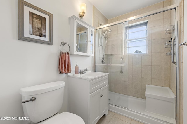 bathroom with vanity, tile patterned flooring, a shower stall, and toilet