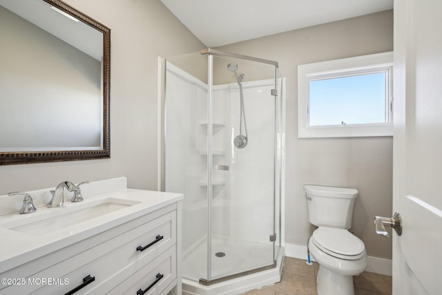 full bath featuring vanity, tile patterned floors, a stall shower, and toilet