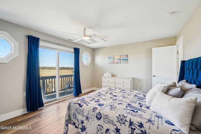 bedroom featuring access to outside, baseboards, ceiling fan, and light wood-type flooring