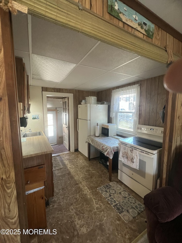 kitchen featuring plenty of natural light, a sink, wooden walls, and white appliances
