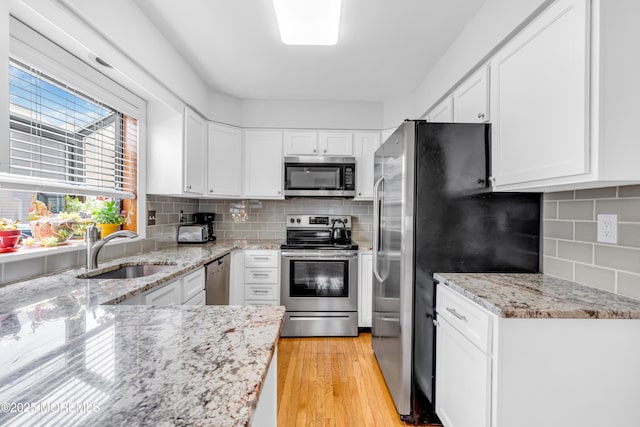 kitchen featuring a sink, decorative backsplash, stainless steel appliances, and white cabinets