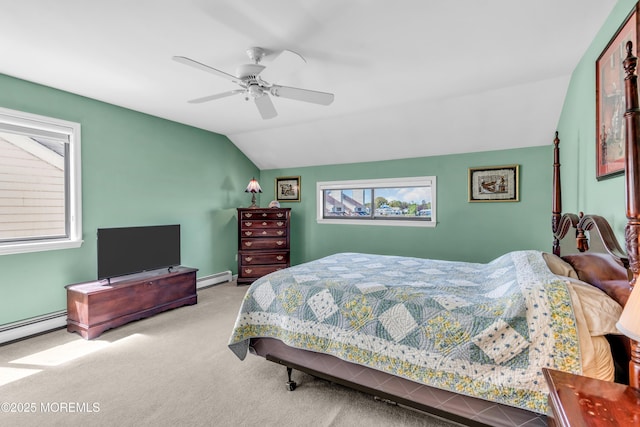 carpeted bedroom featuring multiple windows, baseboard heating, ceiling fan, and lofted ceiling