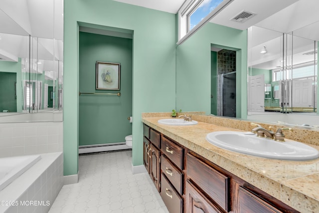 bathroom featuring a sink, a baseboard radiator, toilet, and a stall shower