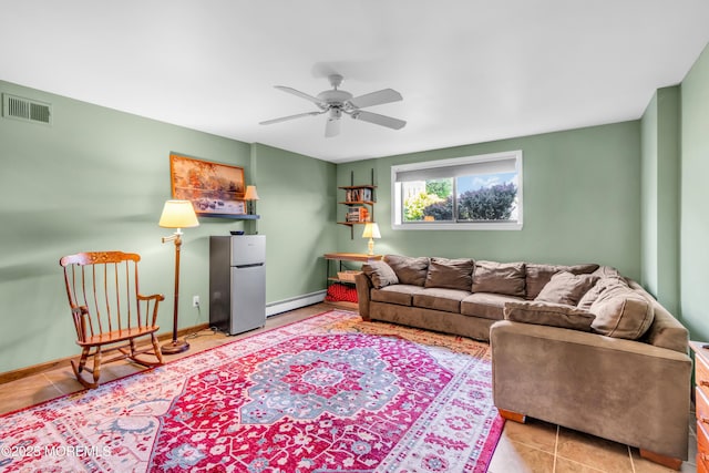 tiled living room with baseboards, a baseboard radiator, a ceiling fan, and visible vents