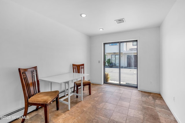 sitting room with recessed lighting, baseboards, visible vents, and a baseboard radiator